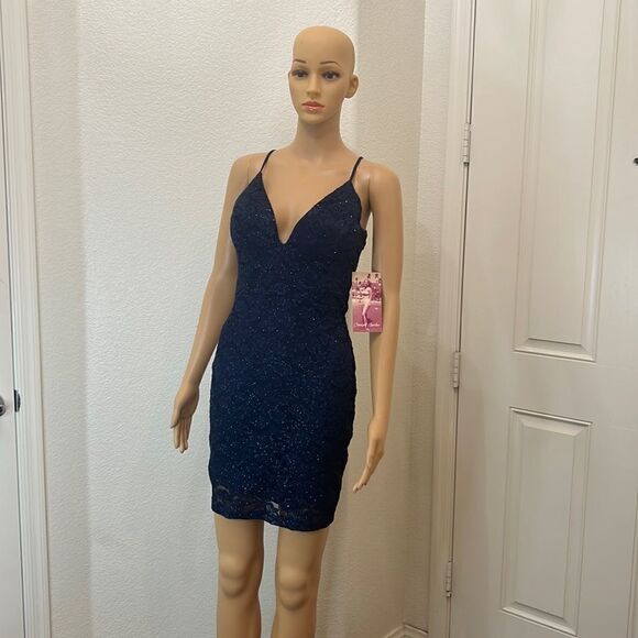 Emerald Sundae Dresses & Skirts - Emerald Sundae Small Dress Cut Out Sheer Padded Lined Navy Floral Shimmer Sexy